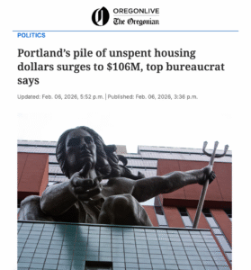 Headline from The Oregonian newspaper, with a photo of Portland, Oregon City Hall. 